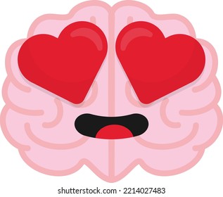 Vector illustration on transparent background, of a brain in love. Love and knowledge. Happy brain with heart eyes. Love and emotions. 