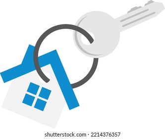 Vector illustration on transparent background of a silver key with a keychain in the shape of a house. House or apartment key. Home security. Private life and property.