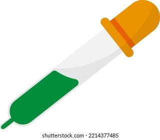 Vector illustration on transparent background of a dropper with green liquid, dispenser, falling drop, chemical substance. Laboratory analysis and medications.