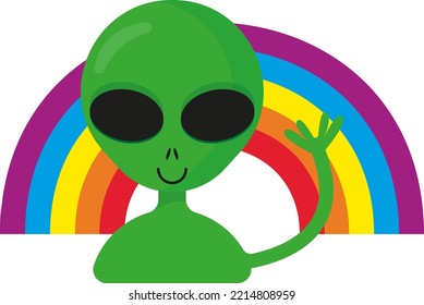 Vector illustration on transparent background, of an alien and rainbow. Concept of strange, different and unique. Be proud of yourself. Alien and pride sticker.