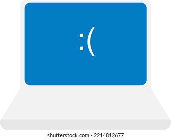 Ilustración vectorial sobre fondo transparente, de un ordenador blanco. Portátil con pantalla azul, error fatal en un equipo. Cara triste, problemas técnicos.