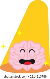 Vector illustration on transparent background, of a happy brain, being under a spotlight. Be the center of attention and stand out. Cheerful brain character, full of dopamine. Feel special about yours