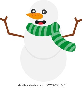 Vector illustration on transparent background, of a snowman, with a happy face. Snowman wearing a scarf, christmas celebration. Winter days.