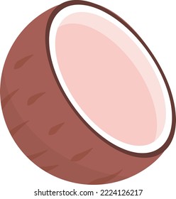 Ilustración vectorial sobre fondo transparente, coco abierto, agua de coco y masa de coco. Frutas tropicales.