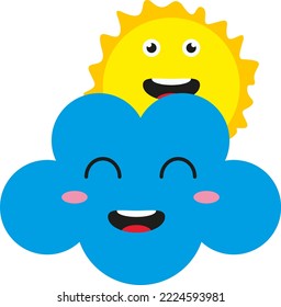 Vector illustration on a transparent background, of a cloud covering the sun. Sun and cloud with happy human faces. Cloudy day. Nice children's drawing of the weather.