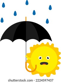 Vector illustration on a transparent background, of a sun with a human face covering himself from the rain with a black umbrella. Rainy day with scared sun.