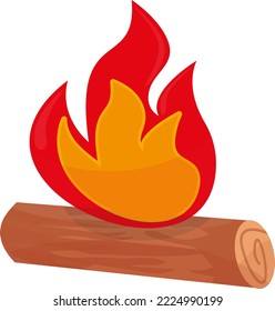 Ilustración vectorial sobre fondo transparente, de un tronco y fuego, fogata. Camping y actividades al aire libre. Calor y llamas.