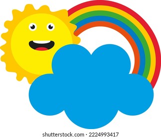 Ilustración vectorial sobre un fondo transparente, de un sol sonriente, una nube y un arco iris. Clima y condiciones climáticas. Sol alegre, buenos días y días felices.