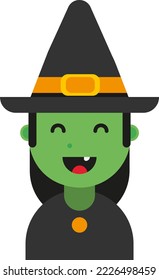Vector illustration on transparent background, drawing of a witch. Green skinned happy witch. Pointy hat. Sorceress and witchcraft. black magic and halloween.