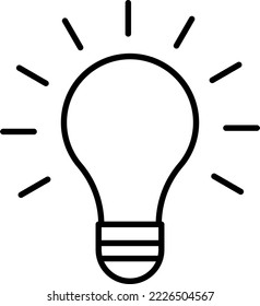 Vector illustration on transparent background, drawing of a light bulb. Linear icon of a lit light bulb. Idea and creativity. Light on.