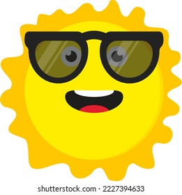 Vector illustration on transparent background, of a happy sun wearing sunglasses. Sunny day. Sun with dark glasses. Summer day. Sunscreen.