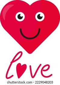 Vector illustration, on a transparent background, of a happy smiling heart, next to the word love. Letter O in the shape of a heart. Valentine's Day celebration.