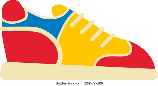 Ilustración vectorial, sobre el fondo transparente de una zapatilla moderna, roja, azul y amarilla con cordones. Cómodos zapatos deportivos.