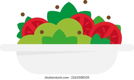 Vector illustration, on transparent background. of salad plate. Healthy and vegan food. Green leaf salad, lettuce and tomatoes.