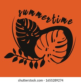 Vector illustration on tropical theme with leaves monstera on a red background.