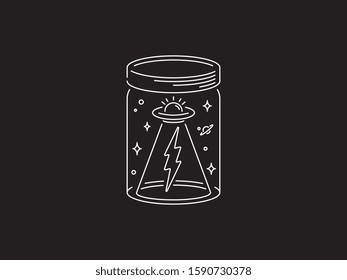 Vector illustration on an UFO in a jar white on black background