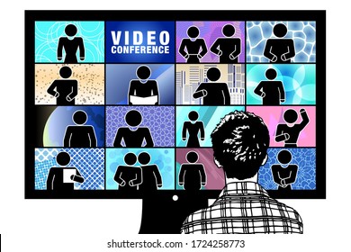Vector illustration on videoconferencing useful for family reunions or for telecommuting.