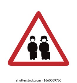 Vector illustration on warning sign with anonymous traveling people with medical mask on white background. Symbol of prevention and disease. Danger of coronavirus.