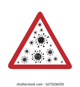 Ilustración vectorial en signo de advertencia con virus en fondo blanco. Símbolo de prevención y enfermedad. Peligro del coronavirus.