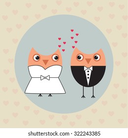 Vector illustration on a wedding theme. Owls in their wedding clothes on a gentle background among hearts