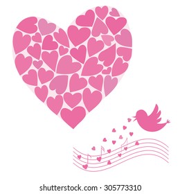 Vector illustration on which a lot of little pink hearts in a large heart. The bird sings heartfelt song.