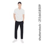 Vector illustration on a white background. A man in a white t-shirt and black pants. Minimalist style.