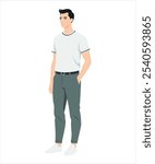 Vector illustration on a white background. Young man in a white T-shirt and light blue trousers, stands straight, hands in pockets.