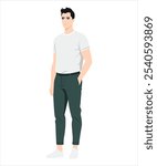 Vector illustration on a white background. Young man in a white T-shirt and light blue trousers, stands straight, hands in pockets.