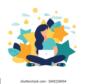 vector illustration on white background. creative flat composition. the best work, high price 5 stars. girl surrounded by stars, successful work vector