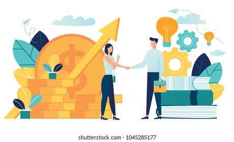 vector illustration on white background. business porters a successful team. The investor holds money in ideas. financing of creative projects. woman and man business handshake vector - Shutterstock ID 1045285177