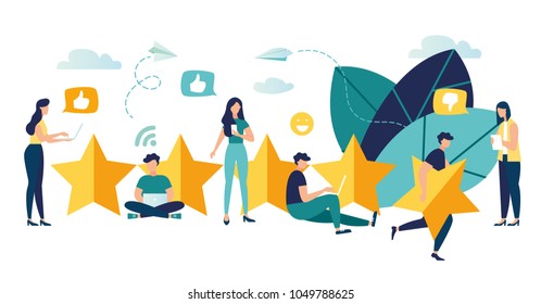 vector illustration on white background. the best estimate of performance, the score of five points. people leave feedback and comments, successful work is the highest score vector