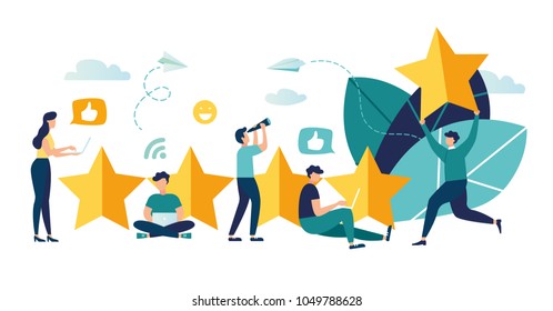 vector illustration on white background. the best estimate of performance, the score of five points. people leave feedback and comments, successful work is the highest score vector