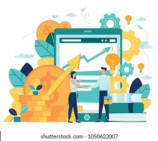 vector illustration on white background. business porters a successful team. The investor holds money in ideas. financing of creative projects. woman and man business handshake vector