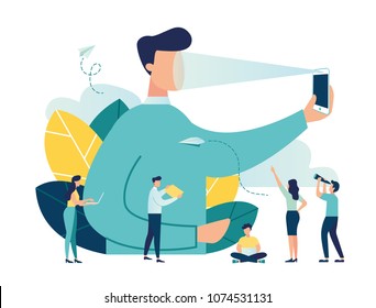 vector illustration on a white background, recognition using a laser concept Face ID, a man holds a phone in his hand and scans the application , modern technology vector