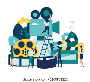 Vector illustration on white background, online cinema, concept of cinematography, little people shoot video vector