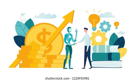 vector illustration on white background. business porters are a successful team. The investor keeps money in ideas. financing creative projects. handshake for robot and men