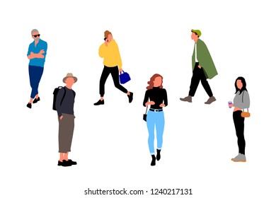 Vector illustration on the white background - modern people. Staffing. Fashionable men and women at fashion week. Group of male and female cartoon characters.