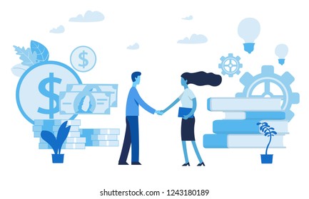 vector illustration on white background.  successful team.  investor . money in ideas. financing of creative projects.  business handshake