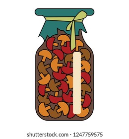 Vector illustration on white background. canned mushrooms in a glass jar with a yellow ribbon
