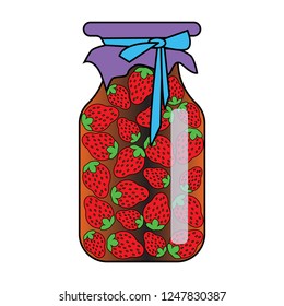 vector illustration on white background, strawberry jam in a glass jar