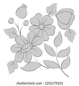 vector illustration on a white background, pattern with flowers and leaves in gray colors