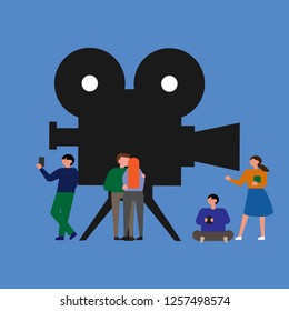 Vector illustration on white background, online cinema, little people.