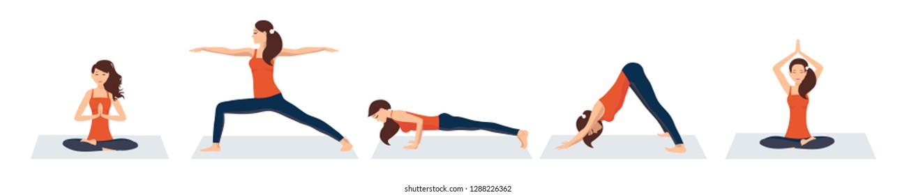 Vector illustration on white background. Set of various yoga asanas. Beautiful young woman in several poses of yoga. A woman in a sporty orange T-shirt and leggings relaxes. Strength exercises