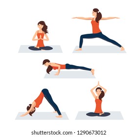 Vector illustration on white background. Set of various yoga asanas. Beautiful young woman in several poses of yoga. A woman in a sporty orange T-shirt and leggings relaxes. Strength exercises