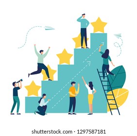 vector illustration on white background. the best estimate of performance, the score of five points. people leave feedback and comments, successful work is the highest score. - Vector 