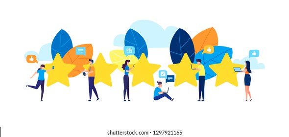 vector illustration on white background. the best estimate of performance, the score of five points. people leave feedback and comments, successful work is the highest score