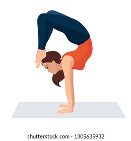 Vector illustration on white background. Handstand asanas in yoga. Beautiful young woman doing yoga strength exercises. Woman in sporty orange t-shirt and leggings relax.