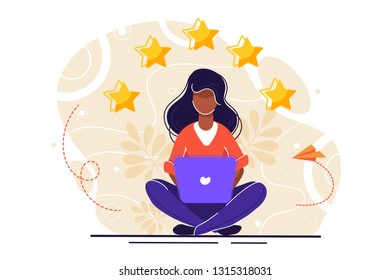 vector illustration on white background. the best estimate of performance, the score of five points. people leave feedback and comments, successful work is the highest score.