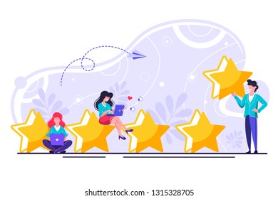 vector illustration on white background. the best estimate of performance, the score of five points. people leave feedback and comments, successful work is the highest score
