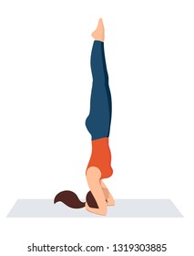 Vector illustration on white background. Headstand asanas in yoga. Beautiful young woman doing yoga strength exercises. Woman in sporty orange t-shirt and leggings relax.